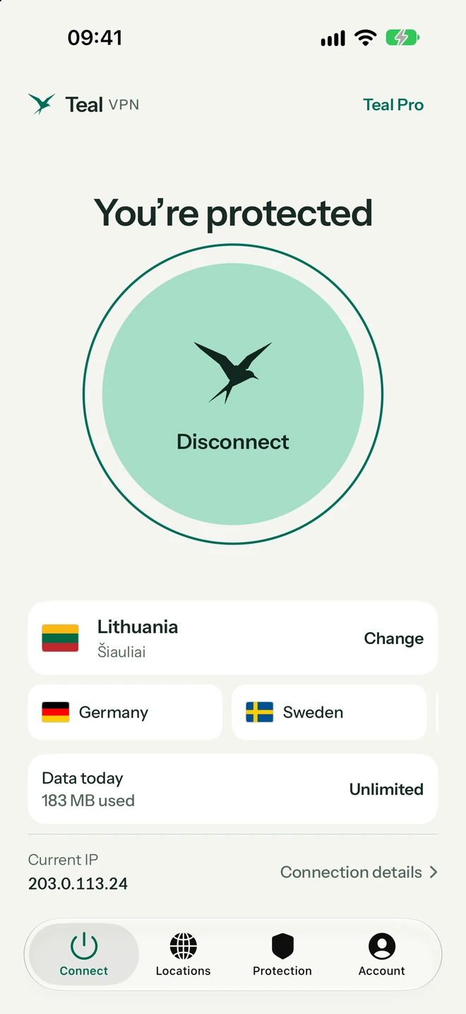 Teal VPN na iPhonu zobrazuje Jste chráněni s tlačítkem Odpojit
