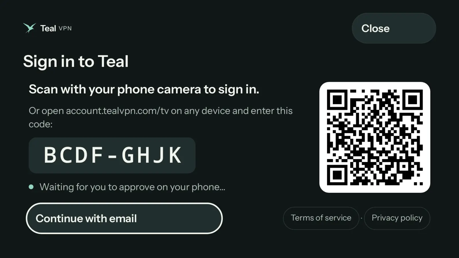 تسجيل الدخول إلى Teal VPN على تلفاز: رمز QR ورمز قصير لإدخاله على account.tealvpn.com/tv