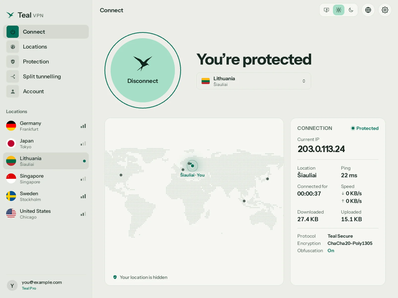 Teal VPN para Linux, conectado a Lituania