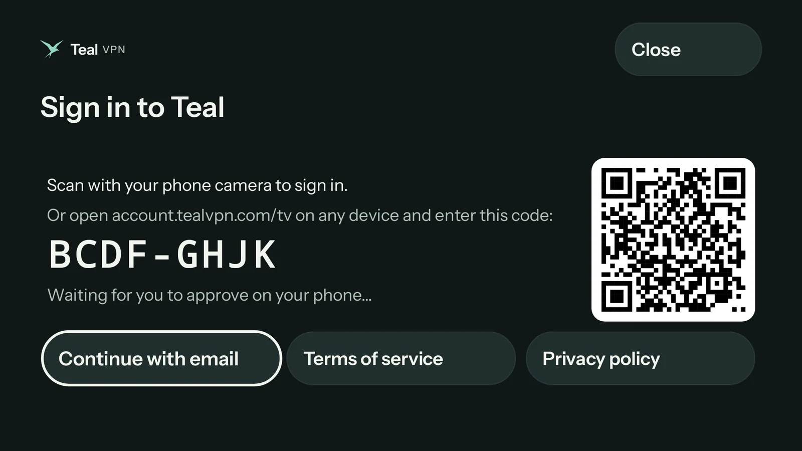 Teal VPN sign-in on a TV: a QR code and the code BCDF-GHJK
