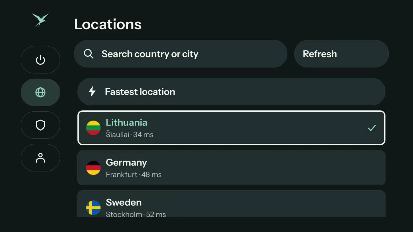 صفحة «المواقع» في Teal VPN على تلفاز: أسرع موقع، ليتوانيا شياولياي، ألمانيا فرانكفورت، السويد ستوكهولم