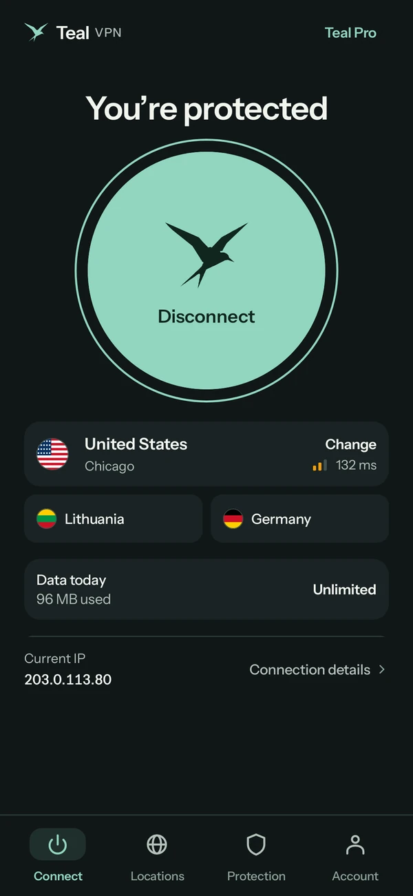 Teal VPN Pro على Android: أنت محمي، بيانات غير محدودة