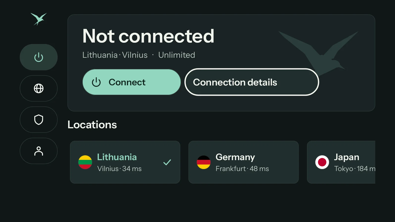 Teal VPN home screen on a TV with a Pro account: Not connected, Unlimited, the Connect button and every location open
