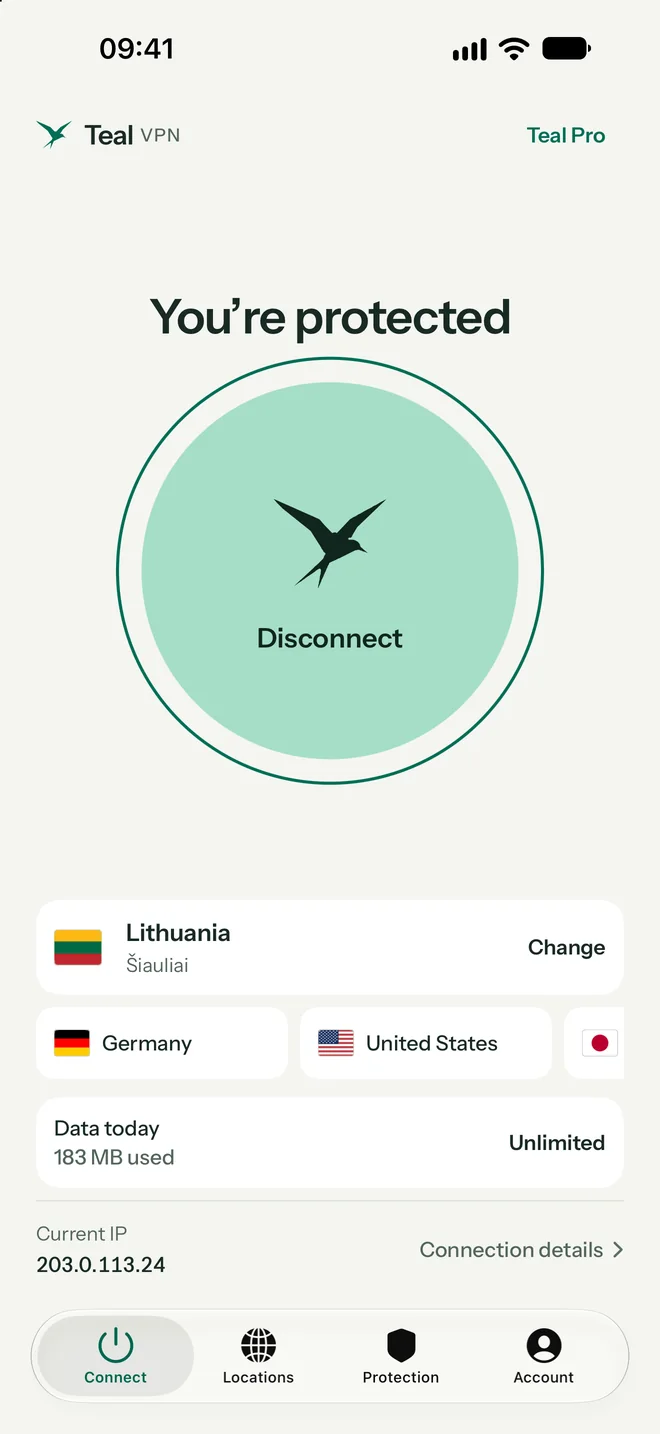 Teal VPN on iPhone, connected