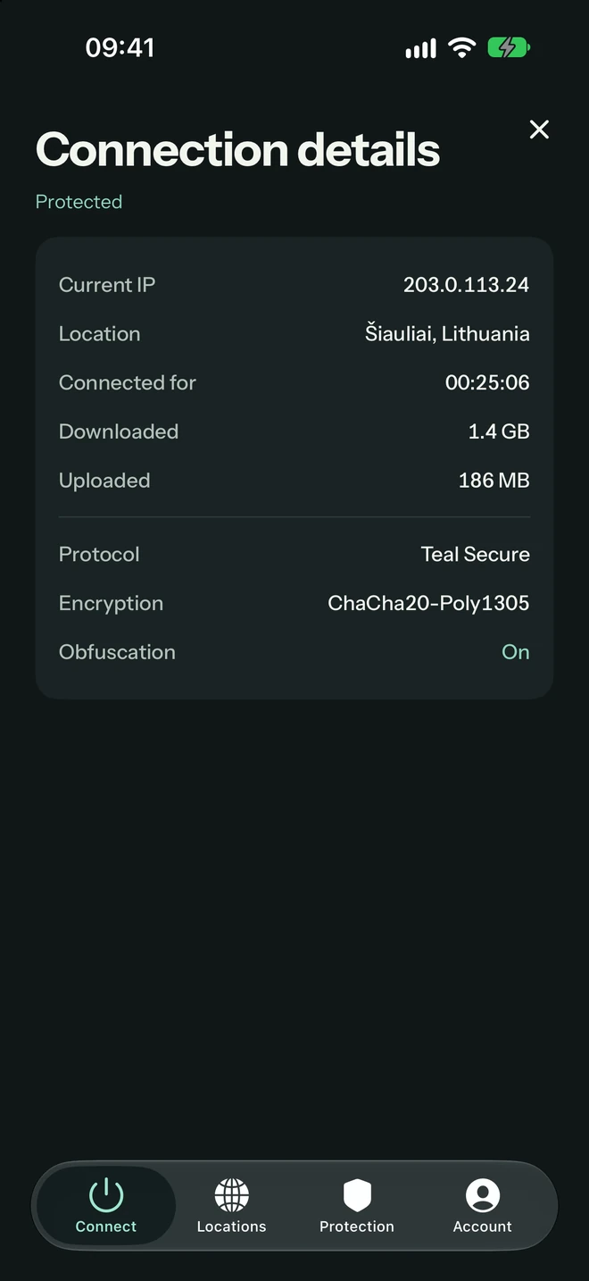 Podrobnosti připojení Teal VPN: IP adresa, protokol Teal Secure, šifrování ChaCha20-Poly1305, maskování zapnuté