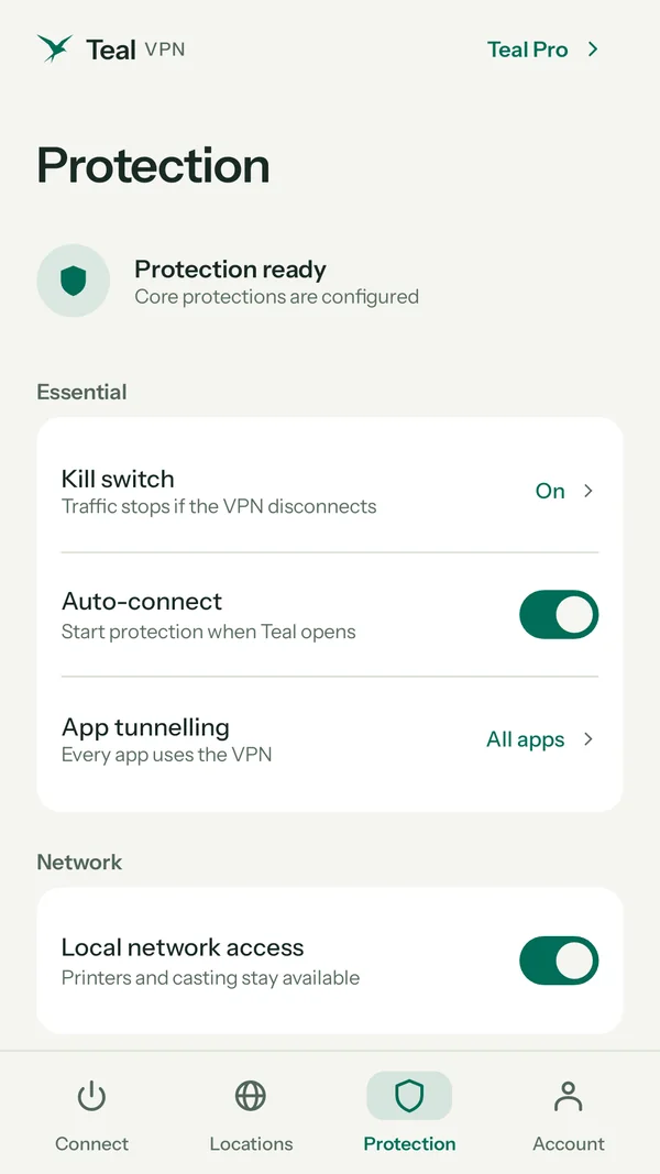 Teal VPN Android protection settings: kill switch, auto-connect, app tunnelling