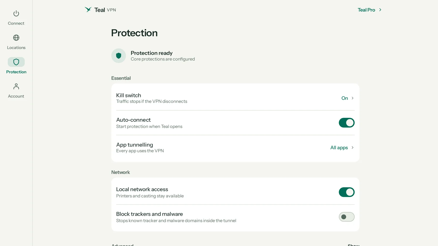 Teal VPN protection settings on a Chromebook: kill switch, auto-connect, app tunnelling, local network access, block trackers and malware