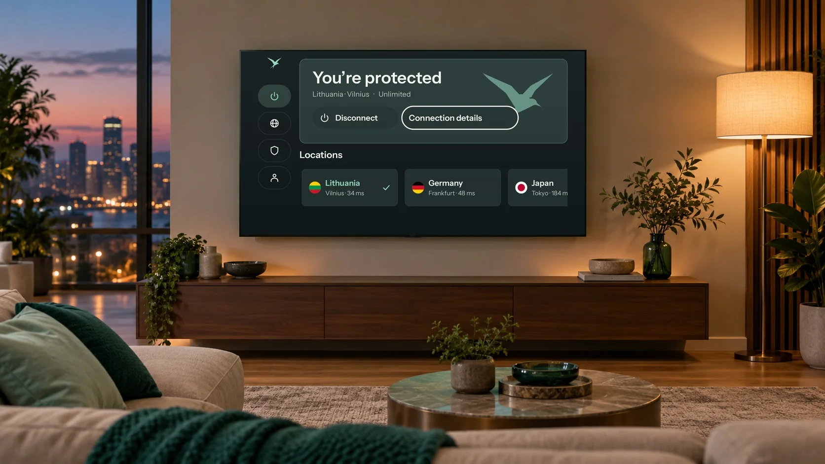 A living room in the evening with Teal VPN on the wall TV: You’re protected, Lithuania, Unlimited, and a row of locations