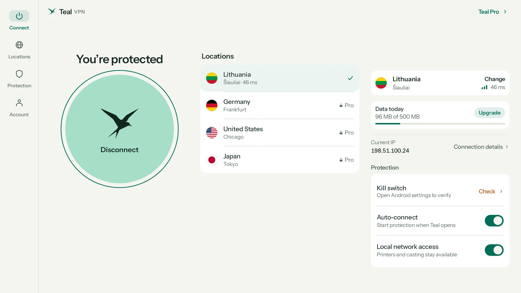 Teal VPN on a Chromebook: You’re protected, Lithuania, the list of locations, data today and the protection switches