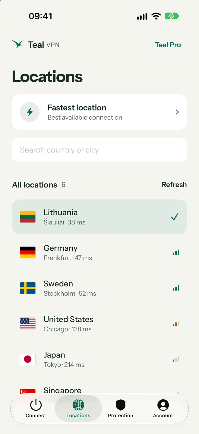 Seznam lokalit Teal VPN na iPhonu s odezvou