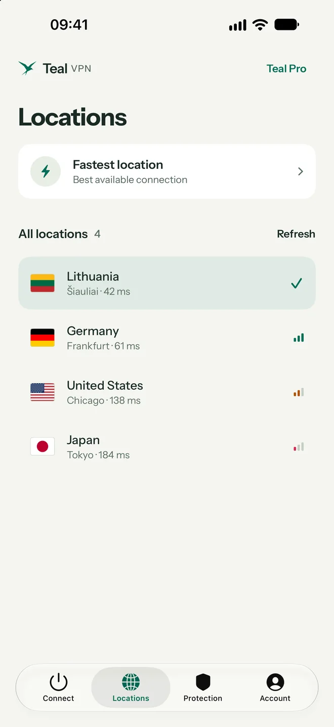 Teal VPN location list on iPhone with ping times