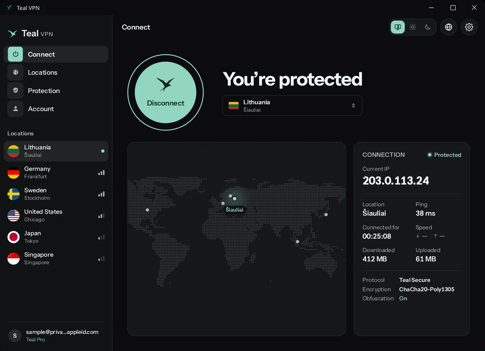Teal VPN für Windows im dunklen Modus, verbunden mit Litauen