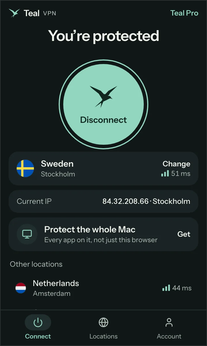 The Teal VPN extension popup in Firefox, connected to Stockholm, with the current address, a Protect the whole Mac row and other locations