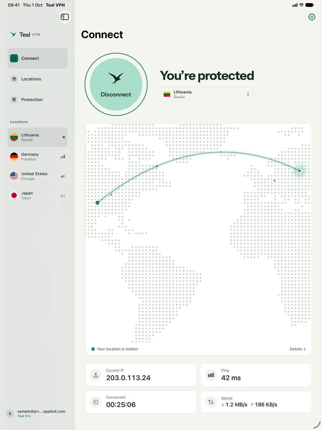 Teal VPN on iPad: protected, with a map from home to the server