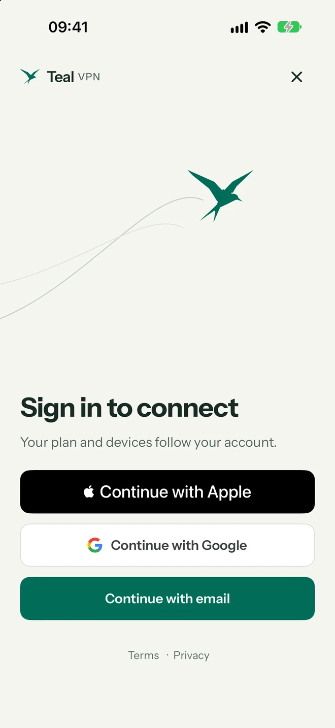 Přihlašovací obrazovka Teal VPN na iPhonu