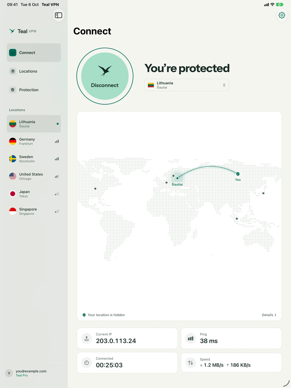 Teal VPN na iPadu: chráněno, s mapou z domova k serveru