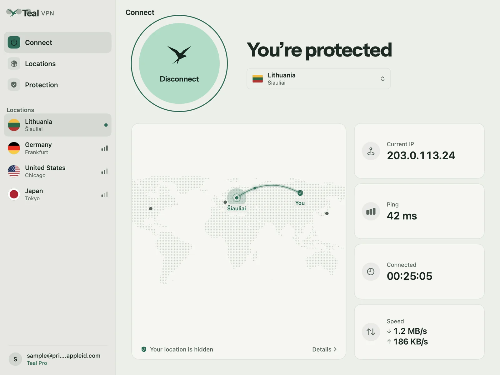 Teal VPN for Mac: connect button, location, world map, IP address, ping and speed