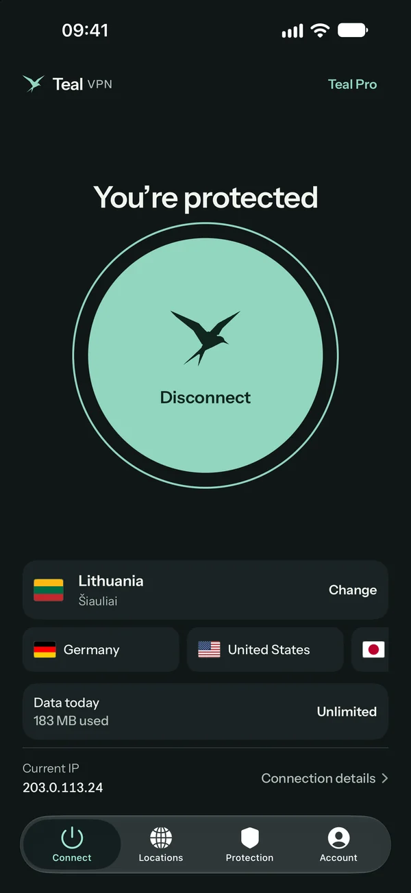 Teal VPN for iPhone in dark mode, connected