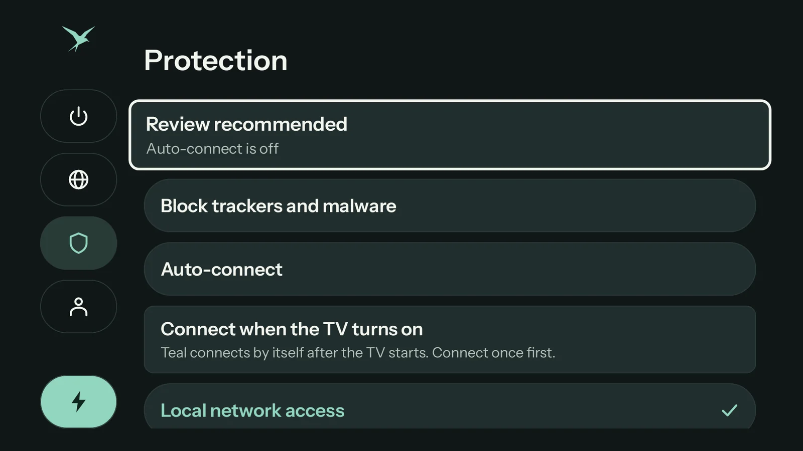 Teal VPN Protection page on a TV: block trackers and malware, auto-connect, connect when the TV turns on, local network access, app tunnelling