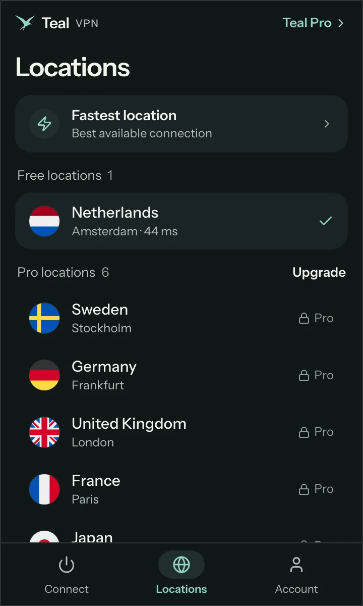 The Teal VPN extension locations list: Amsterdam on Free, six more cities with Teal Pro