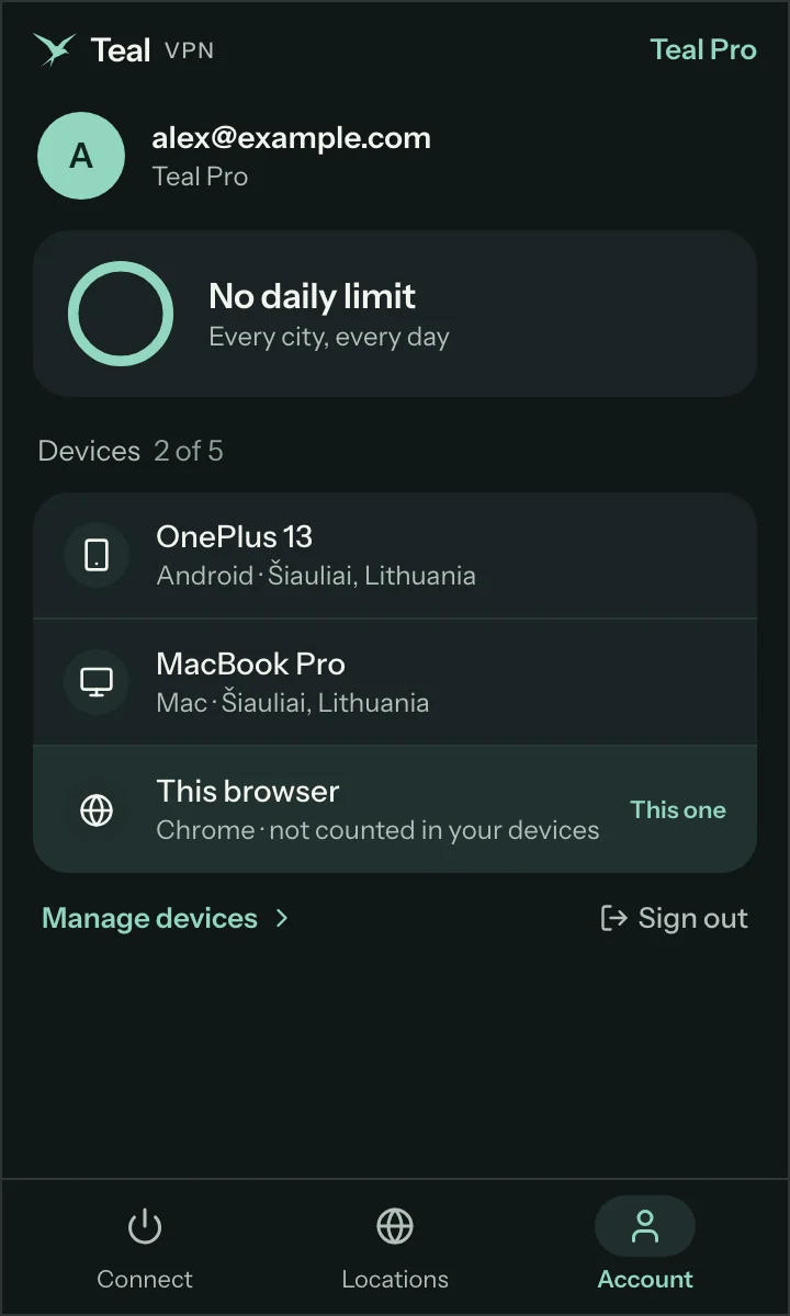 The Teal VPN extension account tab with the email, the plan, the devices and this browser