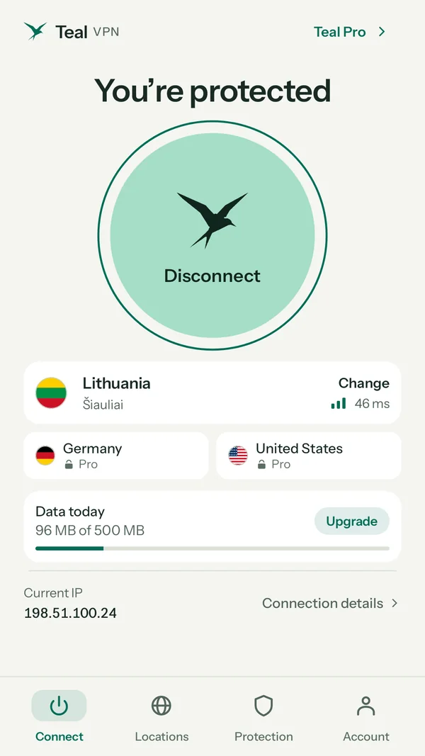Teal VPN on Android, connected