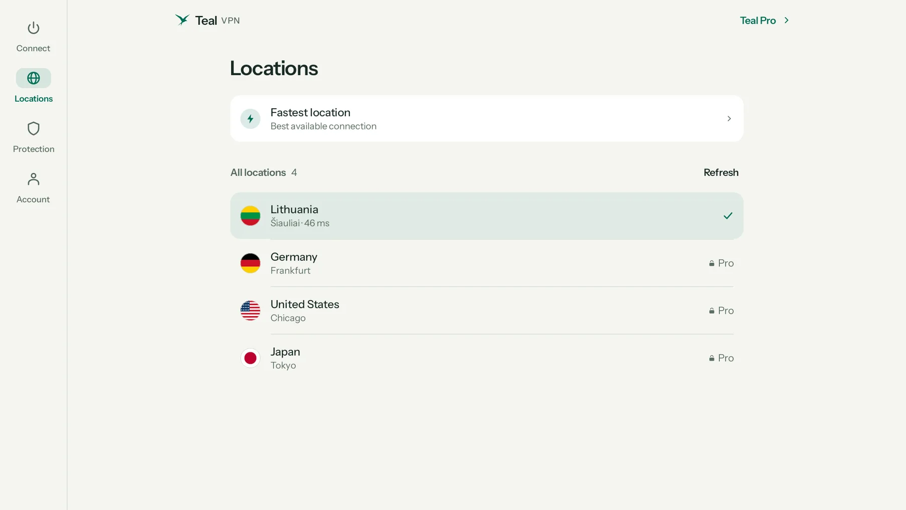 Teal VPN locations on a Chromebook: Fastest location, Lithuania, Germany, United States and Japan