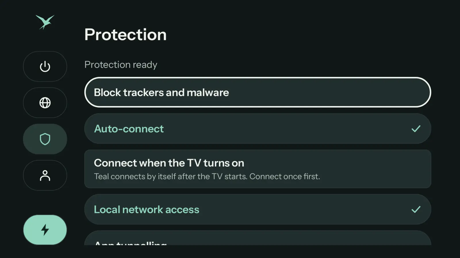 صفحة «الحماية» في Teal VPN على تلفاز: حظر أدوات التتبع والبرامج الضارة، الاتصال التلقائي، الاتصال عند تشغيل التلفاز، الوصول إلى الشبكة المحلية