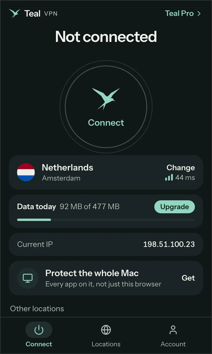 The Teal VPN extension on Teal Free, not connected, showing the data used today and the current address