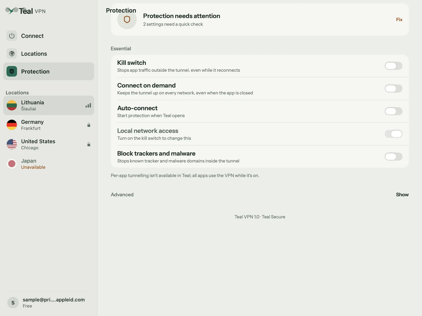 Teal VPN for Mac protection settings: kill switch, connect on demand, tracker blocking