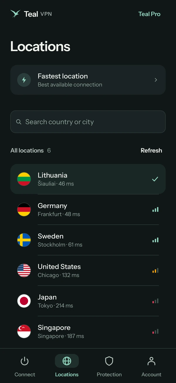 Teal VPN على Android: المواقع الستة كلها