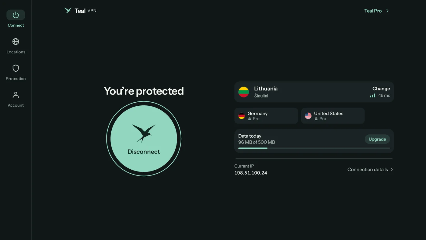 Teal VPN on an Android tablet