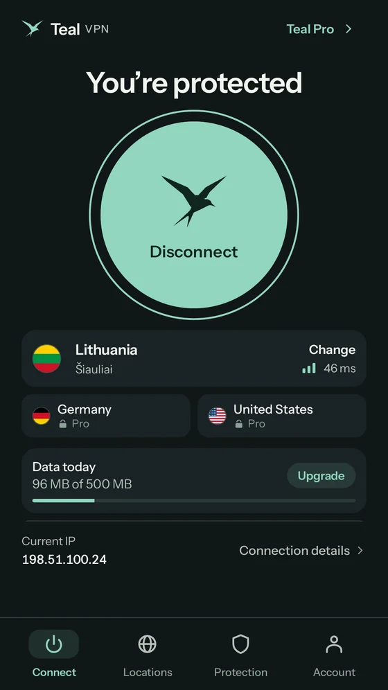 Teal VPN for Android in dark mode, connected