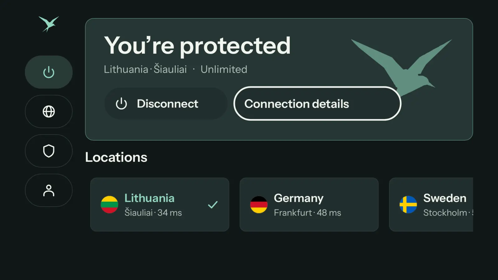 Teal VPN sa Android TV, nakakonekta sa Lithuania na may hanay ng mga lokasyon