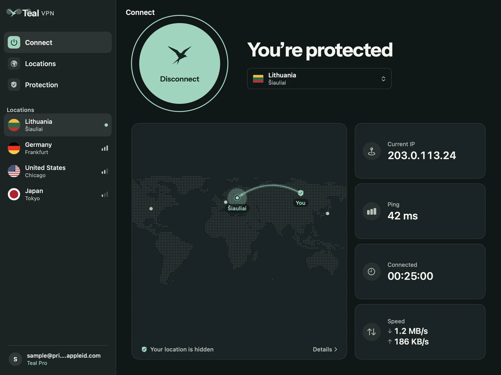 Teal VPN for Mac in dark mode: You’re protected, with a map line from your country to the server