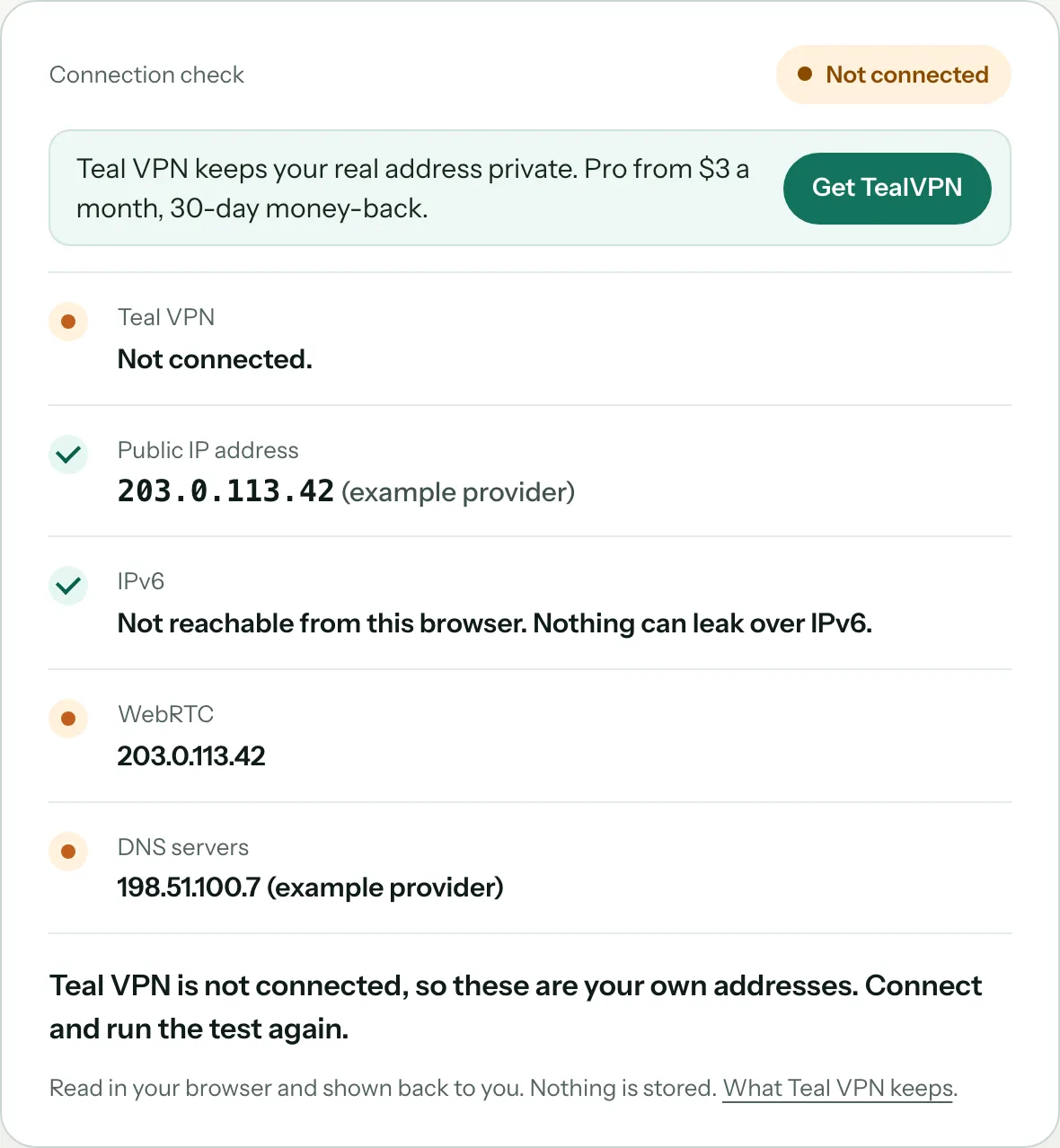 Тест Teal VPN на утечки: публичный адрес, IPv6, WebRTC и DNS-серверы, которые отвечают на ваши запросы