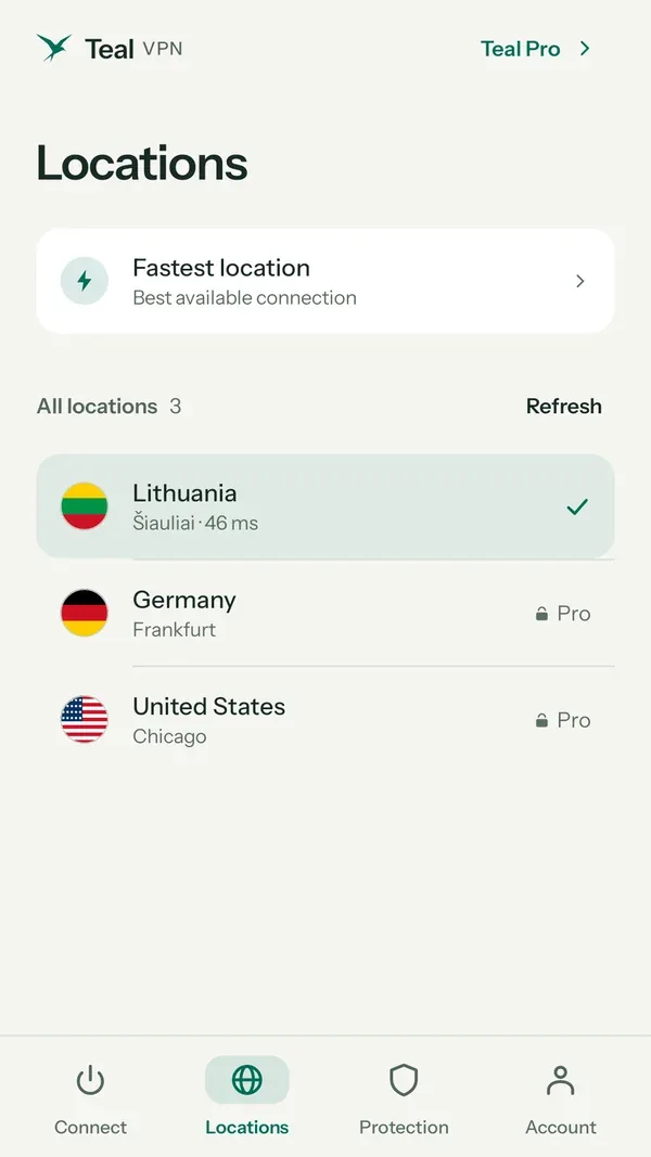 تبويب المواقع في Teal VPN مع اختيار ليتوانيا، وظهور ألمانيا والولايات المتحدة مقفلتين كخيارين ضمن Pro