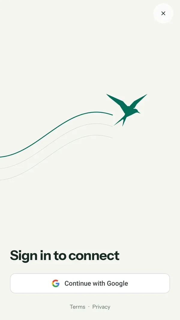 شاشة تسجيل الدخول في Teal VPN على Android مع شعار طائر وعنوان «سجّل الدخول للاتصال» وزر Google