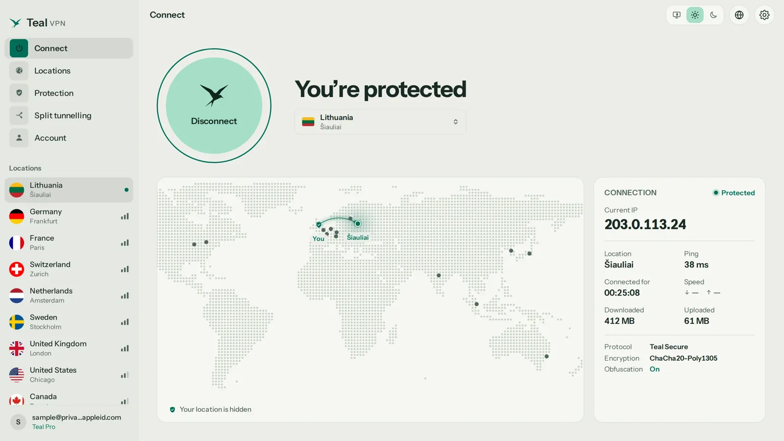 تطبيق VPN على Windows يعرض رسالة "أنت محمي" والاتصال بليتوانيا، مع خريطة للعالم ولوحة تفاصيل الاتصال