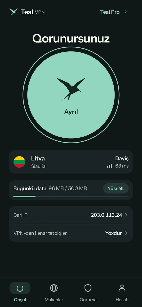 Teal Free-də Android üçün Teal VPN, Litvaya qoşulub, bu gün 500 MB-dan 96 MB istifadə olunub