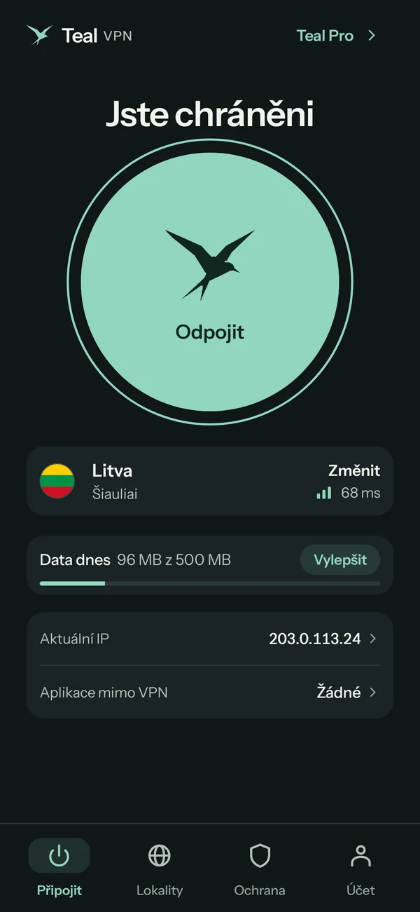 Teal VPN pro Android na Teal Free, připojená k Litvě, dnes využito 96 MB z 500 MB