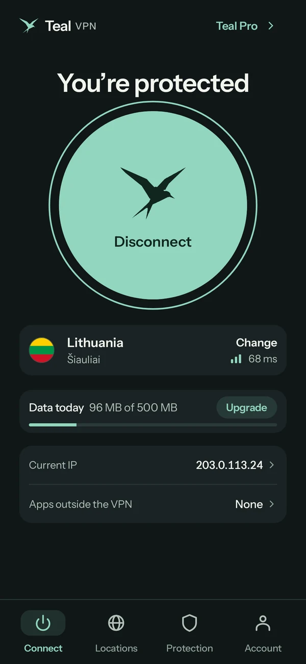 Teal VPN for Android on Teal Free, connected to Lithuania, 96 MB of 500 MB used today