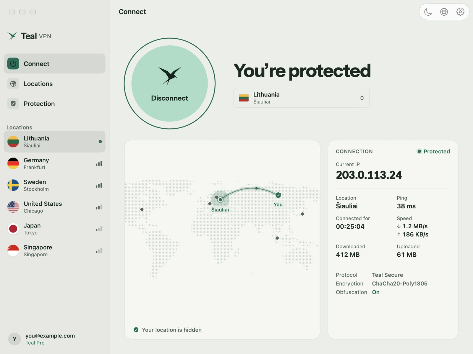 Teal VPN for Mac connected, light mode