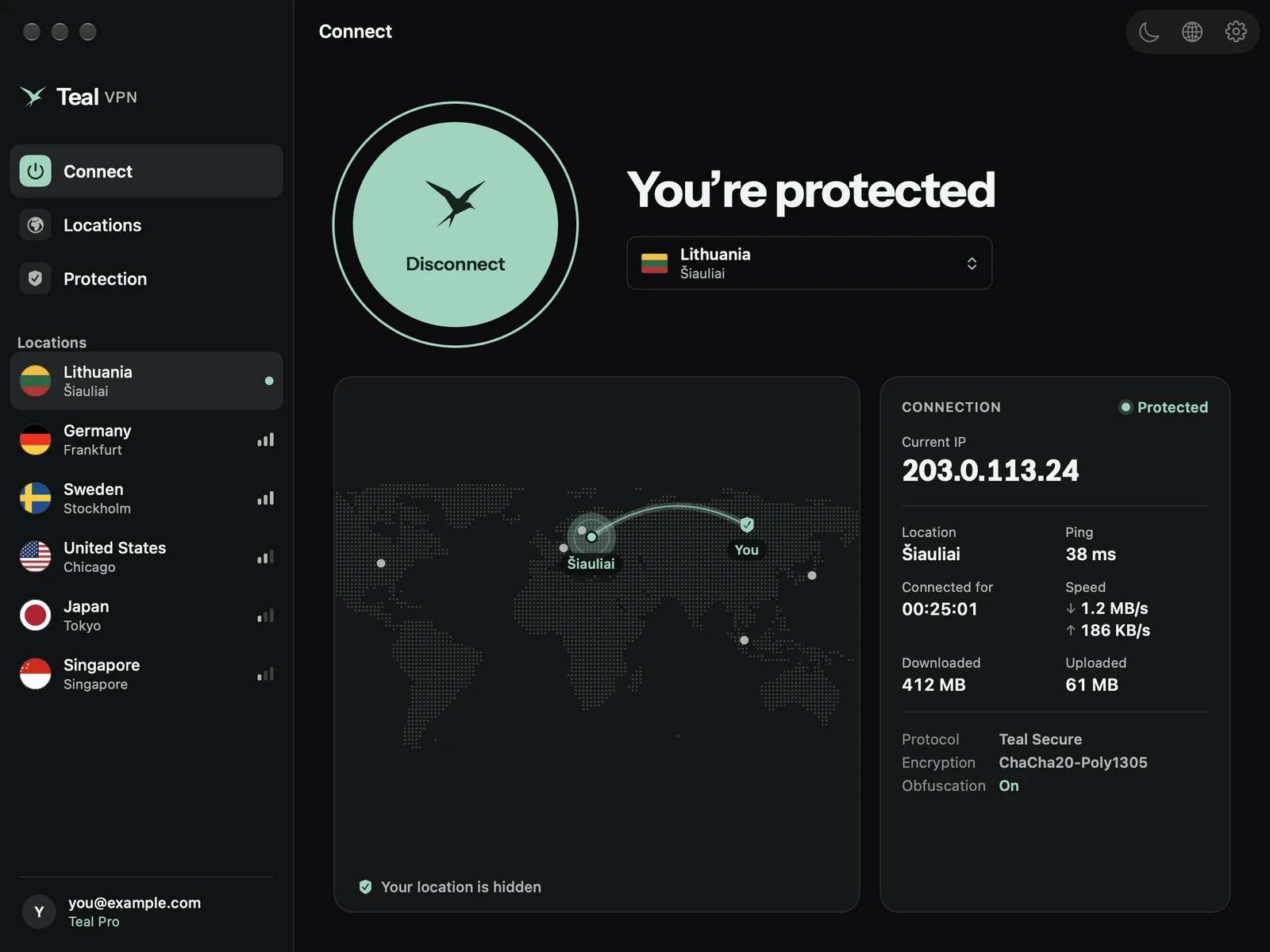 Koyu modda Mac için Teal VPN, bağlı; harita, IP adresi, ping ve hızla