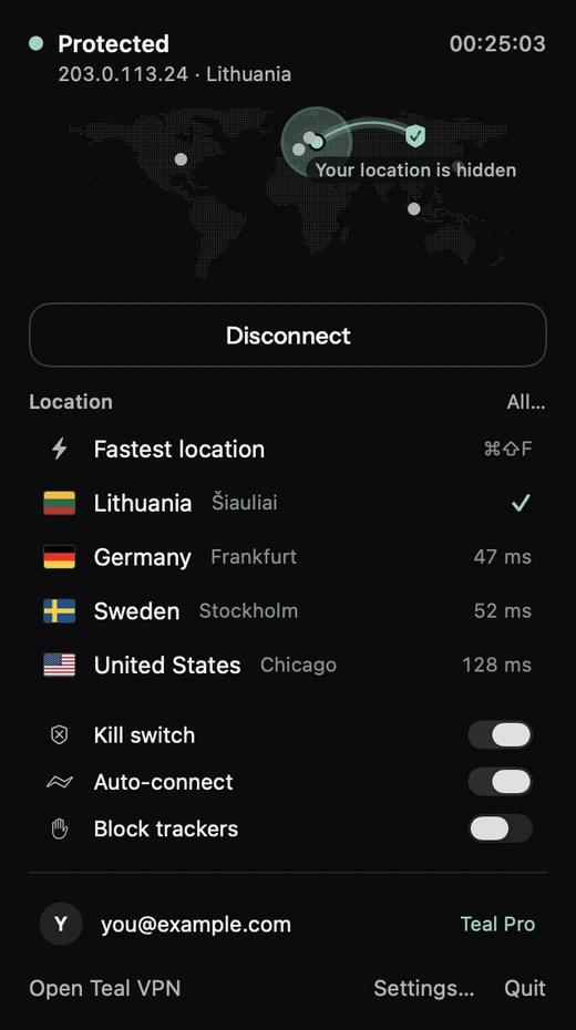 Bir Mac’te Teal VPN menü çubuğu penceresi