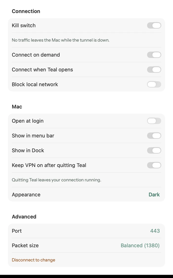 صفحة الإعدادات في Teal VPN لنظام Mac