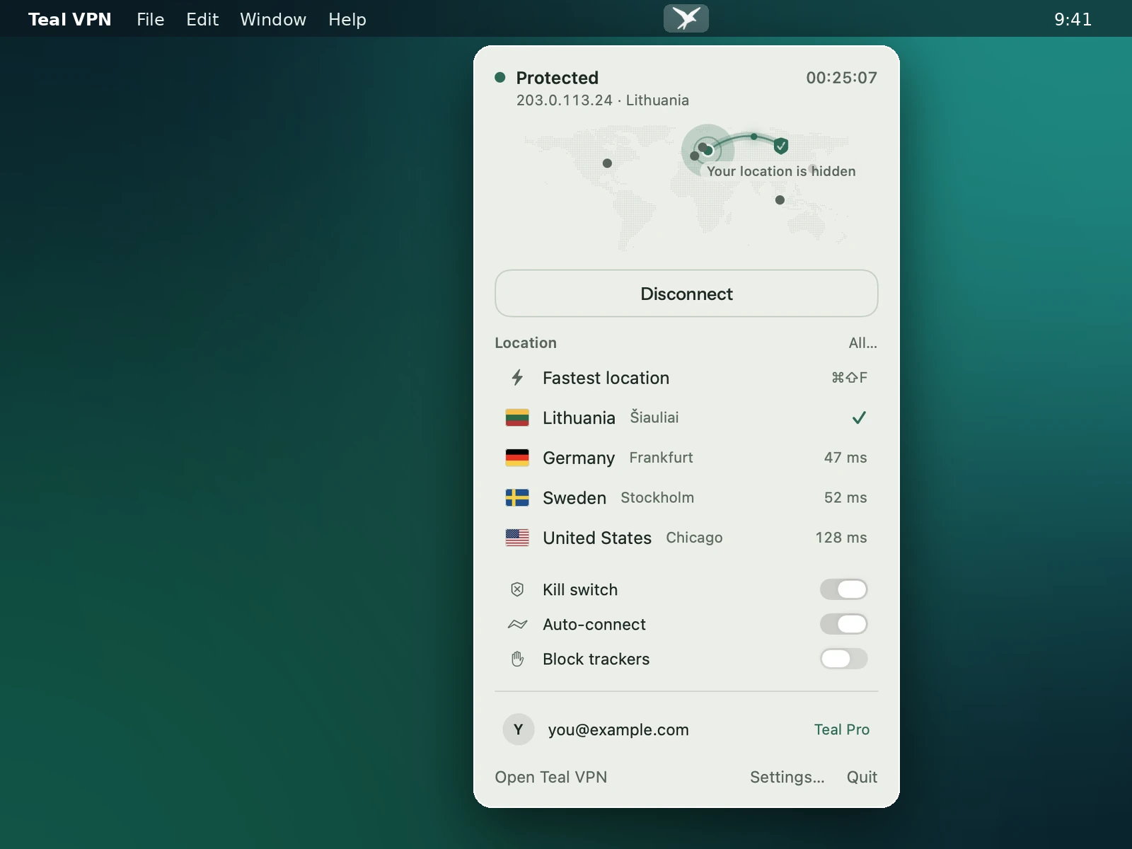 نافذة شريط القوائم في Teal VPN لنظام Mac مفتوحة على سطح مكتب Mac