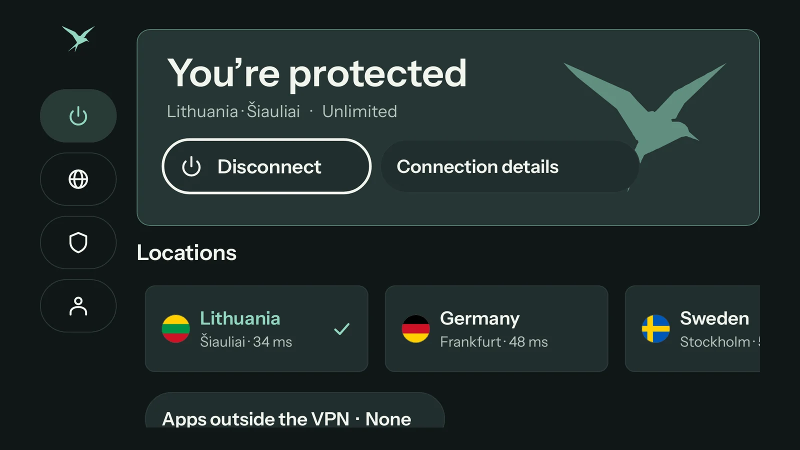 Teal VPN on Android TV, connected: the Free plan works on the TV app too