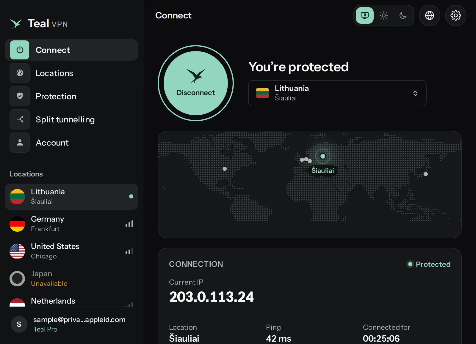 Teal VPN for Windows, connected to Lithuania, with the location list and connection details