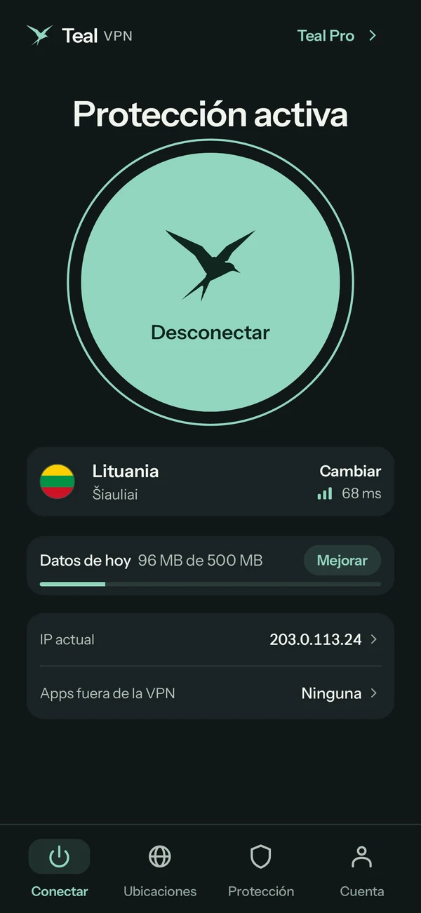 Teal VPN para Android con Teal Free, conectada a Lituania, 96 MB de 500 MB usados hoy